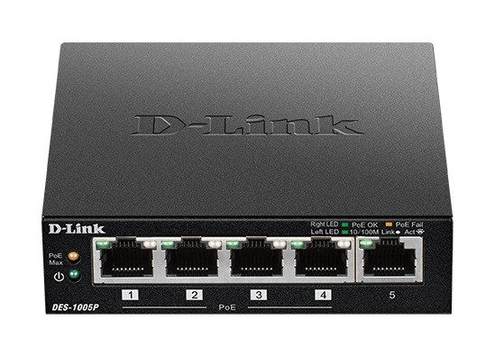 D-Link DES-1005P B1 5-portový 10/ 100 PoE stolový prepínač,  4x PoE+,  60W pre PoE0 