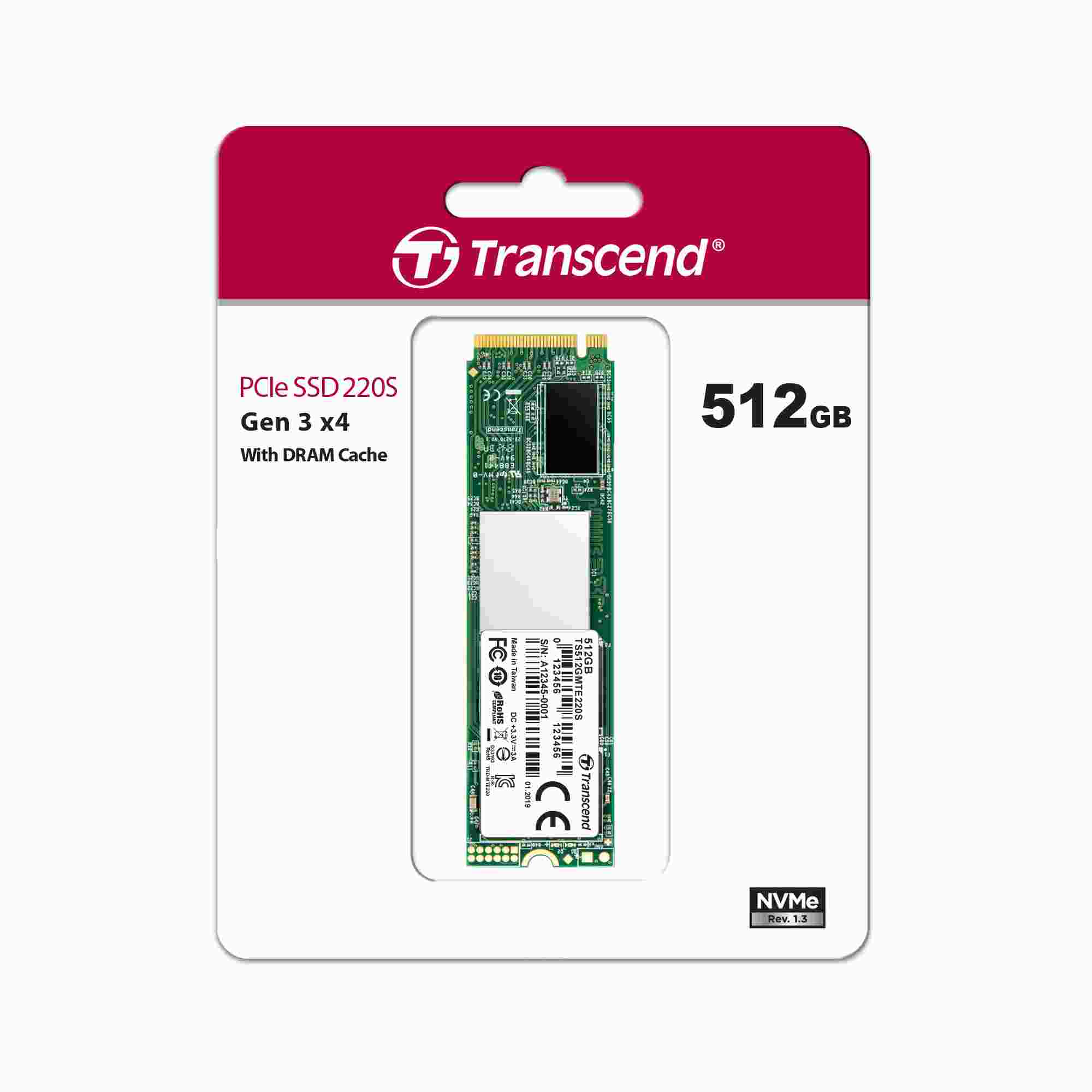 TRANSCEND SSD 220S 512GB,  M.2 2280,  PCIe Gen3x4,  NVMe,  M-Key,  3D TLC,  s Dram1 