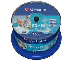 VERBATIM CD-R(50-Pack)Spindle/ Inkjet Printable/ 52x/ 700MB /  Non ID Branded2 