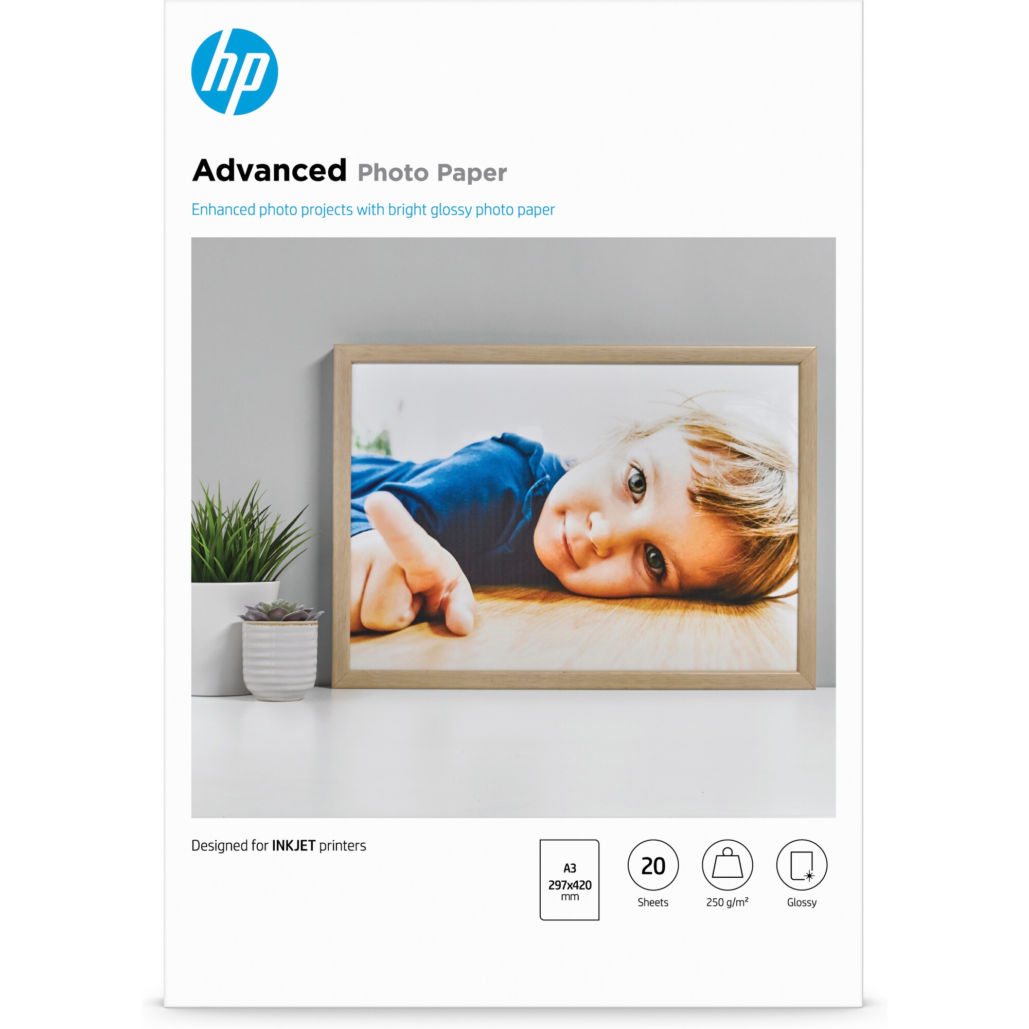 HP Advanced Glossy Photo Paper-20 sht/A3/297 x 420 mm,  10.5 mil,  250 g/m2, Q8697A0 