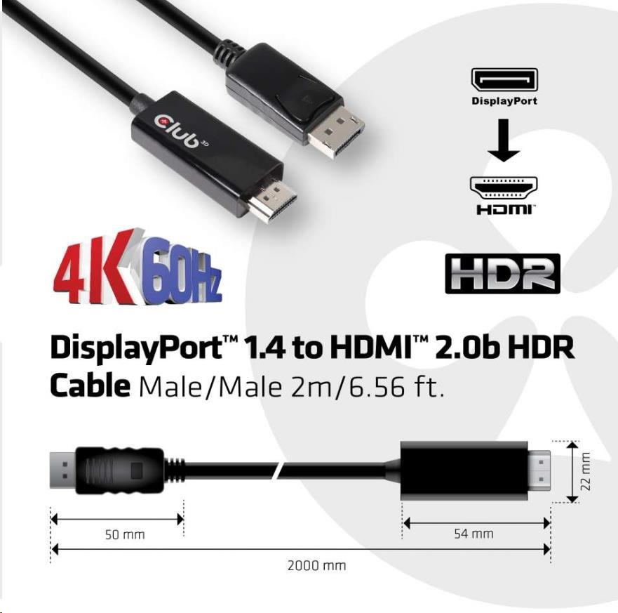 Club3D Adaptér aktivní DisplayPort 1.4 na HDMI 2.0b HDR (M/ M),  2m5 