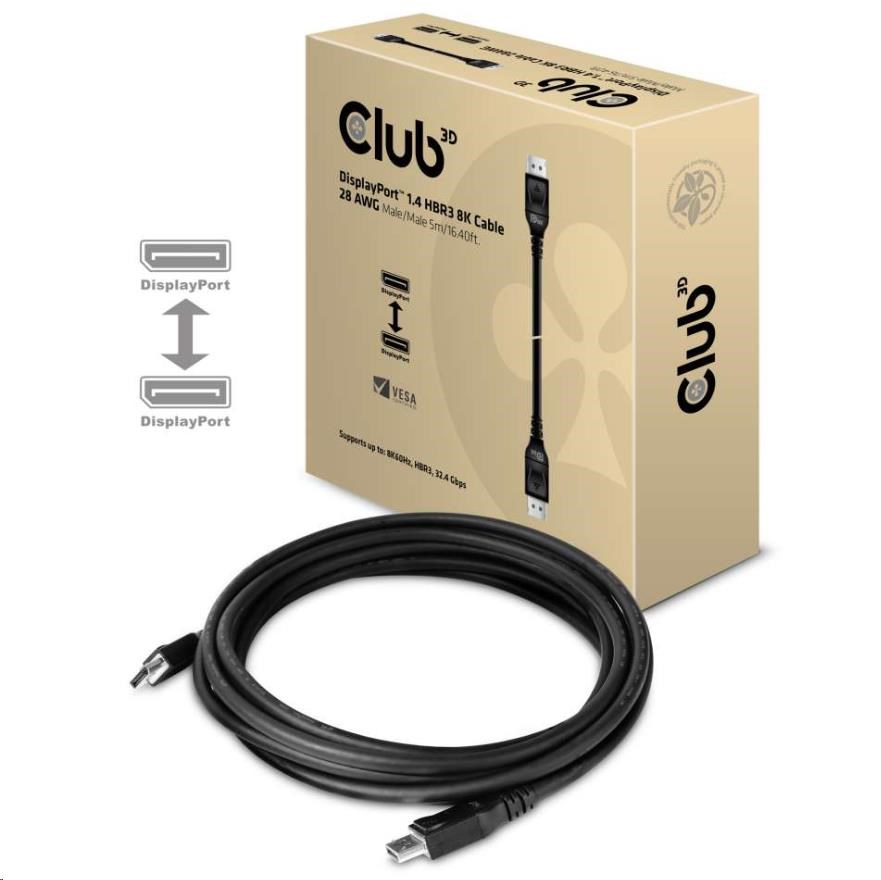Club3D Kabel certifikovaný DisplayPort 1.4,  HBR3,  8K60Hz (M/ M),  5m,  28 AWG6 