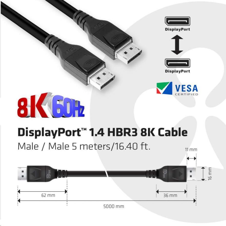 Club3D Kabel certifikovaný DisplayPort 1.4, HBR3, 8K60Hz (M/M), 5m, 28 AWG2 