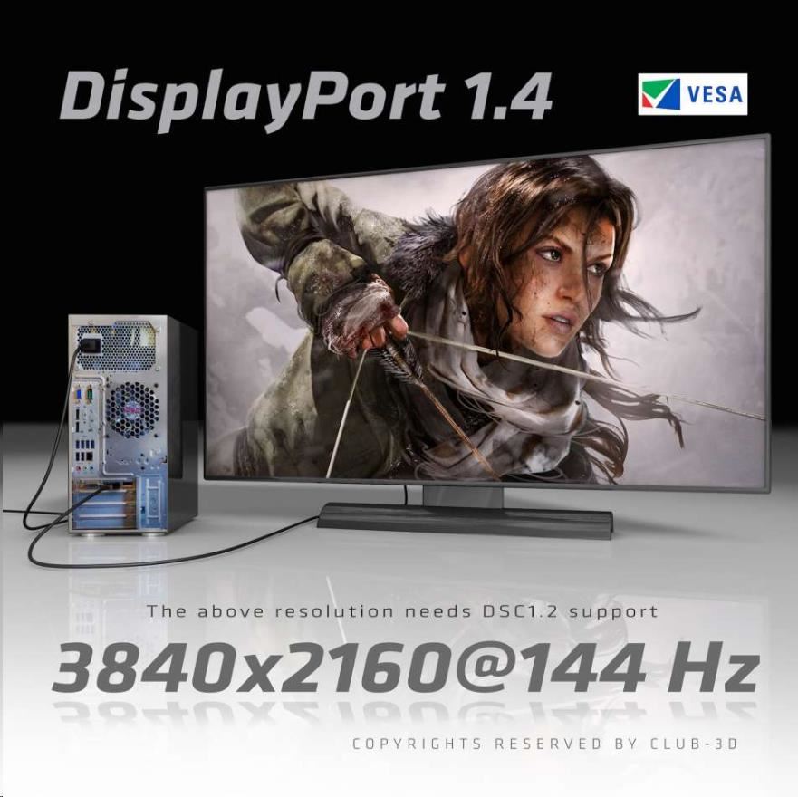 Club3D Kabel certifikovaný DisplayPort 1.4,  HBR3,  8K60Hz (M/ M),  5m,  28 AWG4 