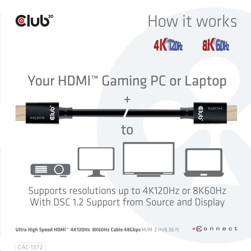 Kábel HDMI Club3D 2.1 Ultra High Speed HDMI™ 4K120Hz,  8K60Hz,  2m0 