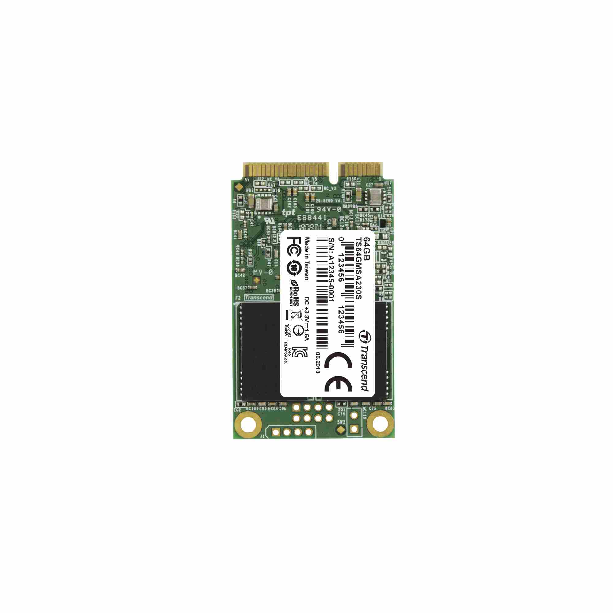 TRANSCEND Industrial SSD MSA230S 64GB,  mSATA,  SATA III,  3D TLC3 