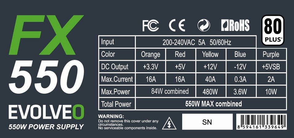 EVOLVEO FX 550 ,  napájací zdroj 550W ATX,  14cm,  tichý,  80+,  bulk5 