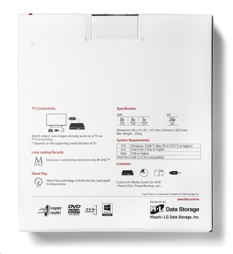 HITACHI LG - externá mechanika DVD-W/ CD-RW/ DVD±R/ ±RW/ RAM GP57EW40,  Slim,  biela,  krabica+SW5 