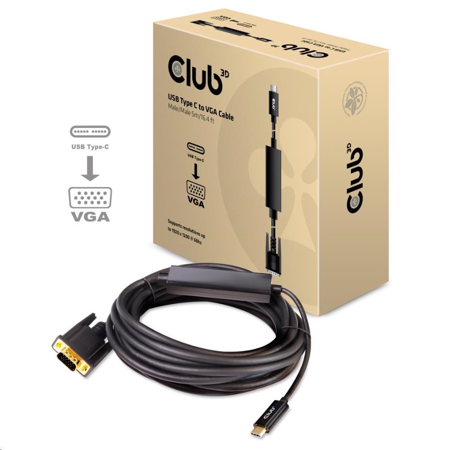 Club3D Aktívny kábel USB typu C na VGA (M/ M),  5 m0 