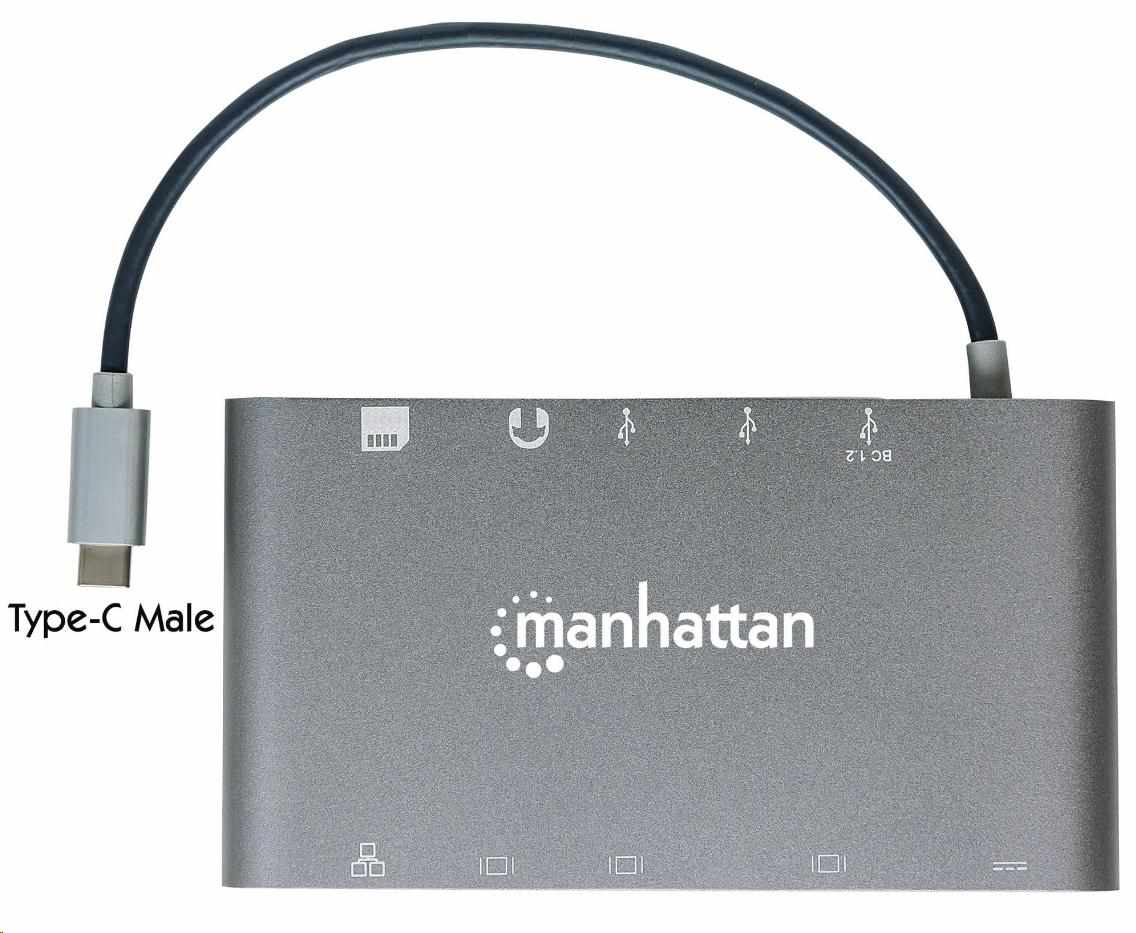 MANHATTAN Dokovacia stanica USB-C na HDMI,  Mini DP,  VGA,  3xUSB 3.0,  port USB-C PD,  RJ 45,  čítačka kariet,  3, 5 mm5 