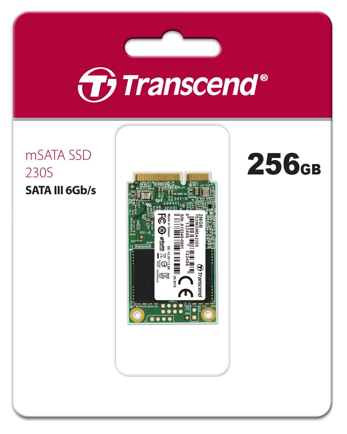 TRANSCEND Industrial SSD MSA230S 256GB,  mSATA,  SATA III,  3D TLC3 