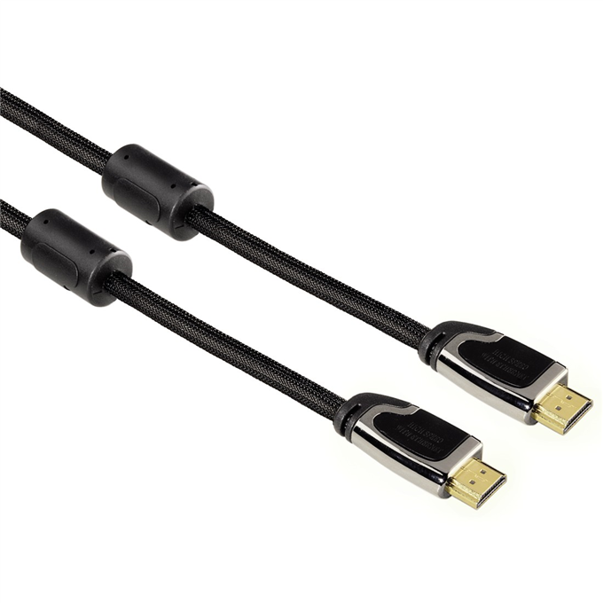 Hama HDMI kábel vidlica-vidlica, 5 m, pozlát., ferit. filtre, kovové vidlice, opletený, Ethernet0 
