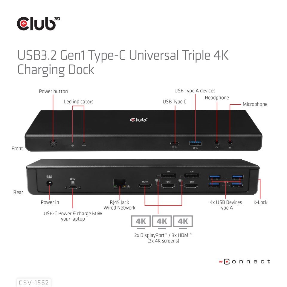Dokovacia stanica USB Club3D 3.2 typy C (5xUSB/ USB-C/ 3xHDMI/ 2xDP/ Ethernet/ Audio) s univerzálnym trojitým napájacím adap3 