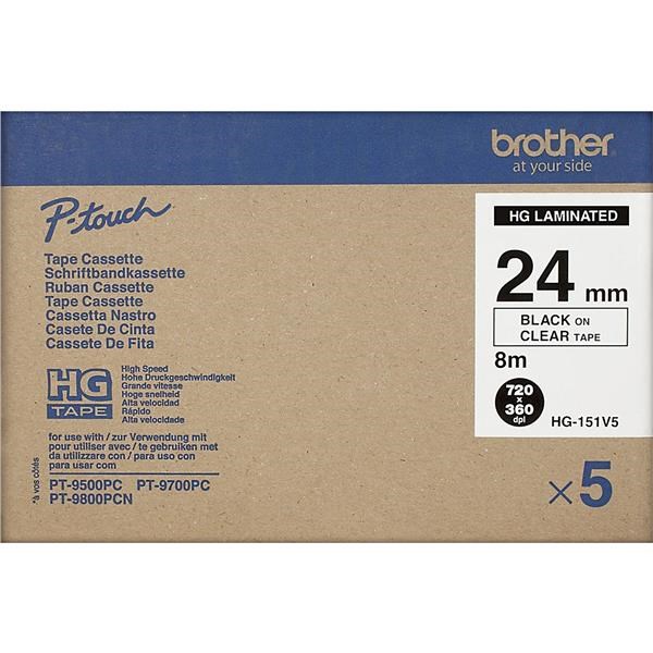 BROTHER HGE-151V5 Labelling Supplies,  24mm Black/ Clear (5 pcs Pack) High Grade Tape0 