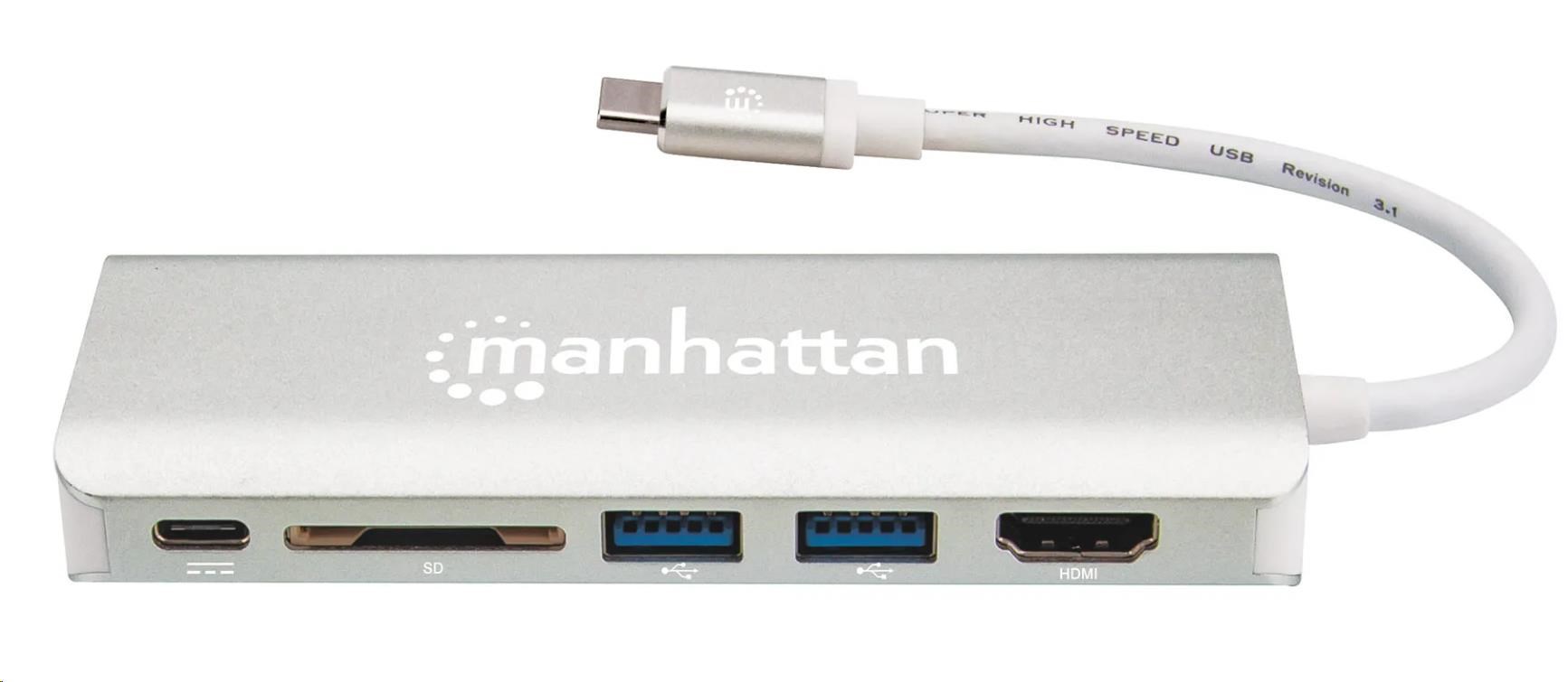 MANHATTAN Dokovacia stanica USB-C Multiport na HDMI, USB 3.0, USB-C, RJ45, čítačka kariet2 