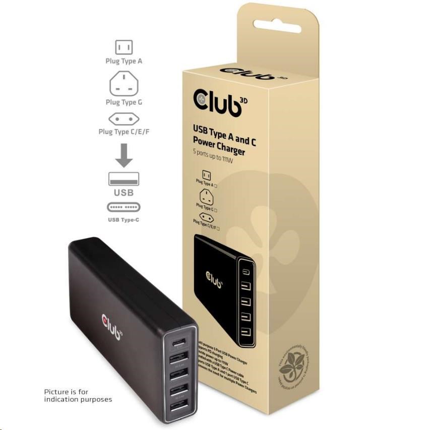 Nabíjačka Club3D USB typu A a C,  5 portov,  111 W3 