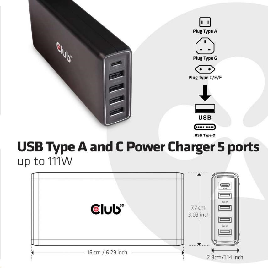 Nabíjačka Club3D USB typu A a C,  5 portov,  111 W1 