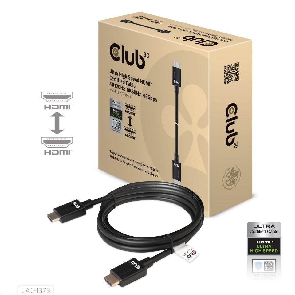 Club3D Kabel Ultra Rychlý HDMI™ Certifikovaný, 4K 120Hz, 8K60Hz, 48Gbps M/M, 3m, 28 AWG1 