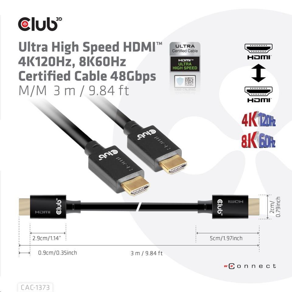 Club3D Kabel Ultra Rychlý HDMI™ Certifikovaný, 4K 120Hz, 8K60Hz, 48Gbps M/M, 3m, 28 AWG0 