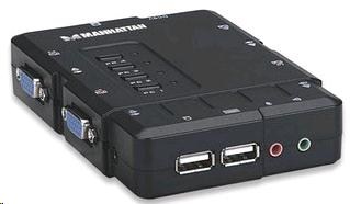 MANHATTAN KVM prepínač 4 porty,  USB,  audio,  integrované káble1 