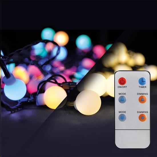 Solight LED 2v1 venkovní vánoční řetěz,  koule,  dálkový ovladač,  100LED,  RGB+bílá,  10m+5m,  8 funkcí,  IP440 