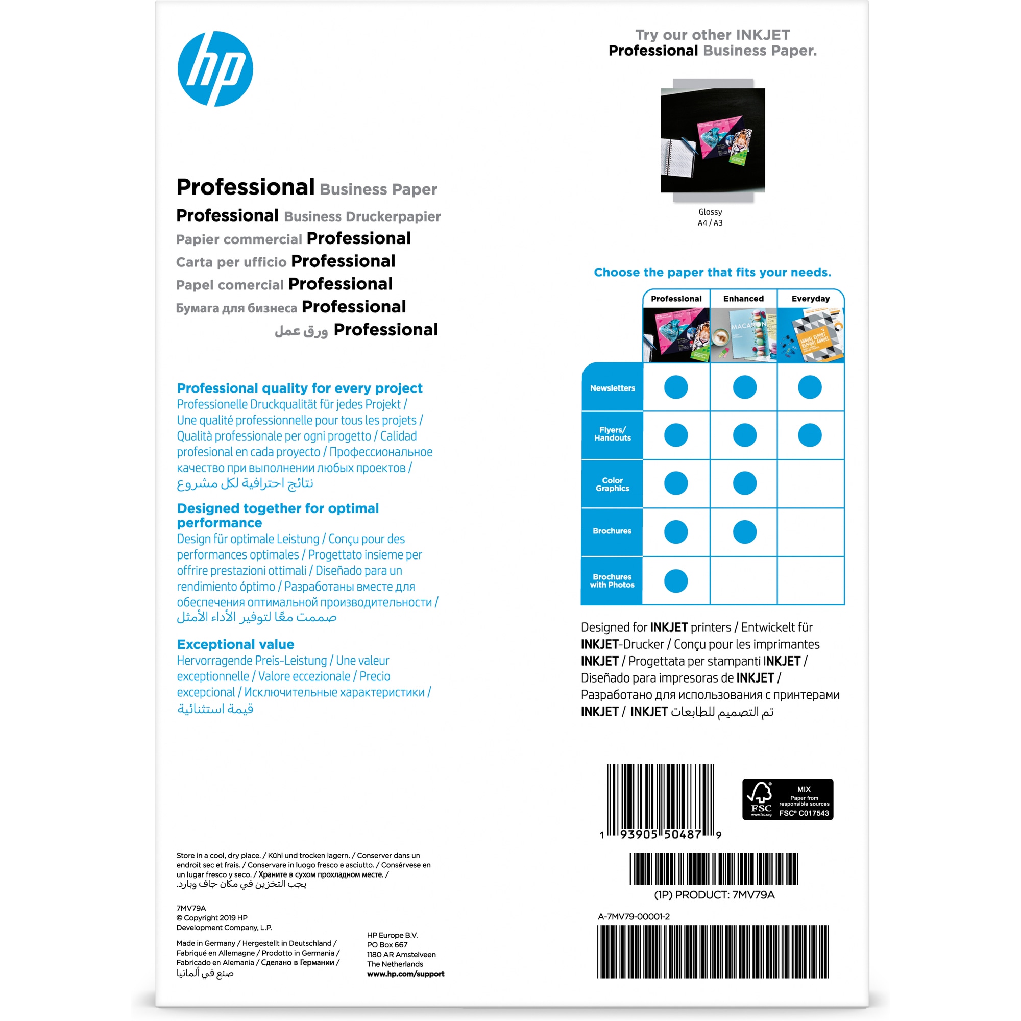 HP Professional Inkjet Matte FSC Paper 180 gsm-150 sht A4 210 x 297 mm3 