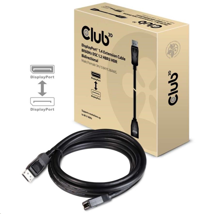 Club3D Predlžovací kábel DisplayPort 1.4 8K 60Hz DSC 1.2 HBR3 HDR obojsmerný (M/ F),  3m0 