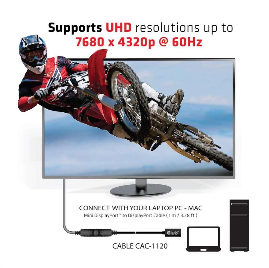 Club3D Prodlužovací kabel Mini DisplayPort 1.4 na DisplayPort 8K 60Hz DSC 1.2 HBR3 HDR Bidirectional (F/ M),  1m5 