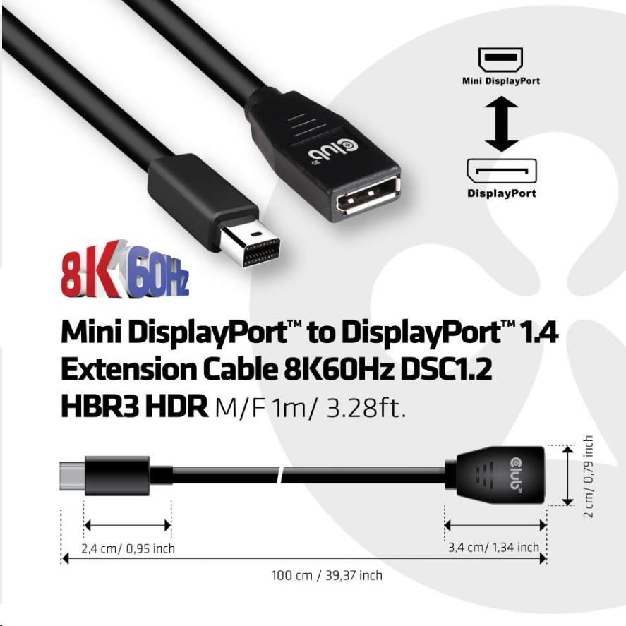 Club3D Prodlužovací kabel Mini DisplayPort 1.4 na DisplayPort 8K 60Hz DSC 1.2 HBR3 HDR Bidirectional (M/ F),  1m3 
