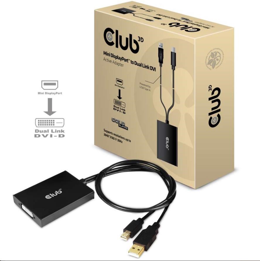 Club3D Adaptér aktivní Mini DisplayPort 1.2 na Dual Link DVI-D Active Adapter,  pouze HDCP,  4k30Hz,  60cm0 