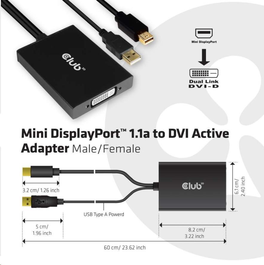 Club3D Adaptér aktivní Mini DisplayPort 1.2 na Dual Link DVI-D Active Adapter,  pouze HDCP,  4k30Hz,  60cm3 