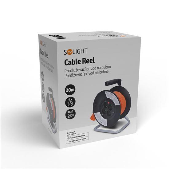 Solight prodlužovací přívod na bubnu,  4 zásuvky,  20m,  oranžový kabel,  3x 1, 5mm25 