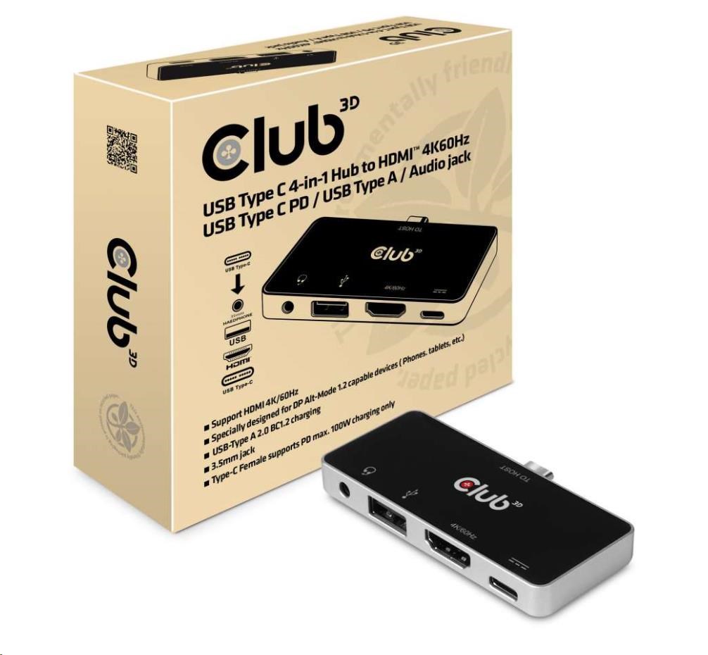 Club3D Dokovací stanice USB Type C 4-in-1 Hub to HDMI™ 4K60Hz USB Type C PD /  USB Type A /  Audio jack2 