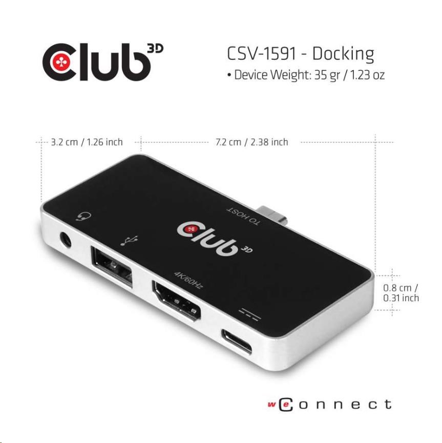 Club3D Dokovací stanice USB Type C 4-in-1 Hub to HDMI™ 4K60Hz USB Type C PD /  USB Type A /  Audio jack6 