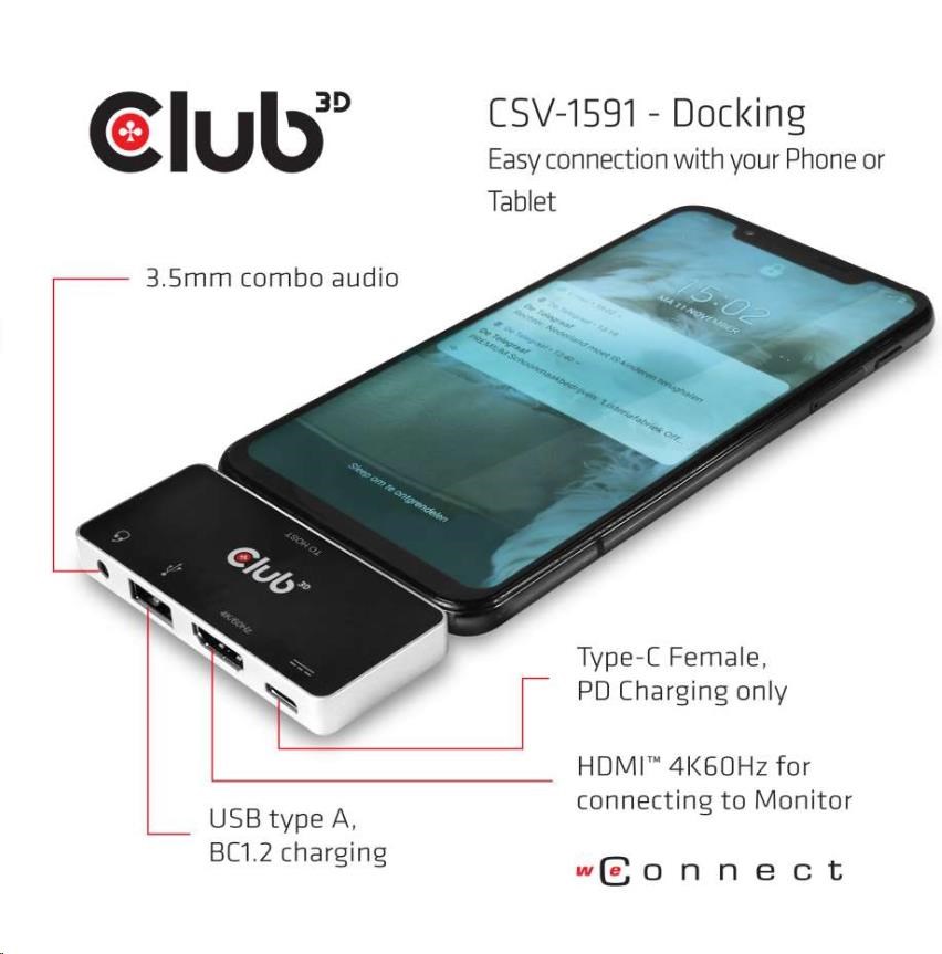 Club3D Dokovací stanice USB Type C 4-in-1 Hub to HDMI™ 4K60Hz USB Type C PD /  USB Type A /  Audio jack5 