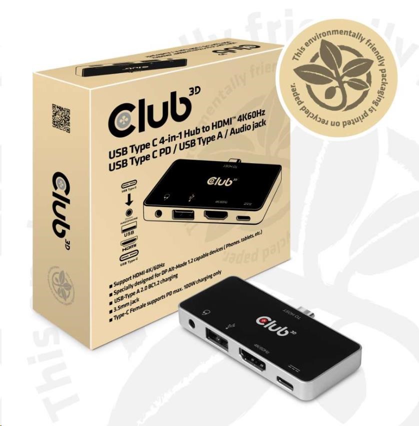 Club3D Dokovací stanice USB Type C 4-in-1 Hub to HDMI™ 4K60Hz USB Type C PD /  USB Type A /  Audio jack6 