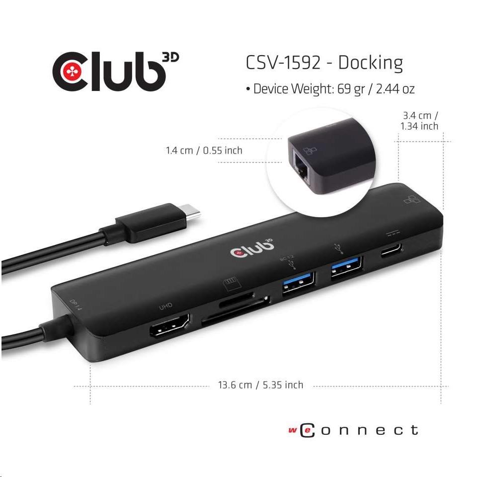 Club3D hub USB-C 3.2 Gen1 7in1 Hub HDMI 4K60Hz,  2x SD card,  2x USB-A,  USB-C PD - nabíjení 100W,  RJ453 