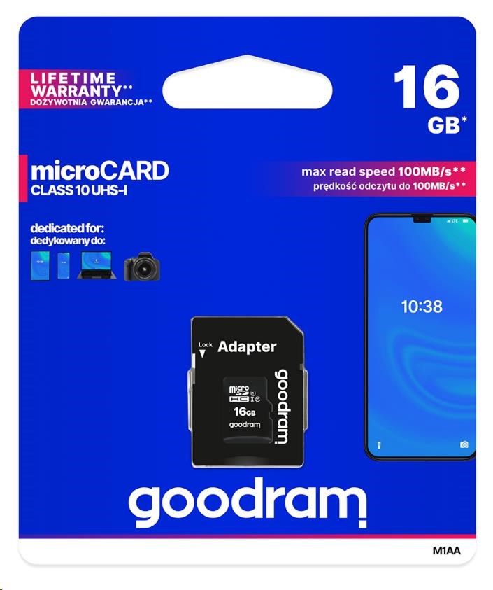 Karta GOODRAM MicroSDHC 16GB M1AA,  UHS-I Class 10,  U1 + adaptér0 