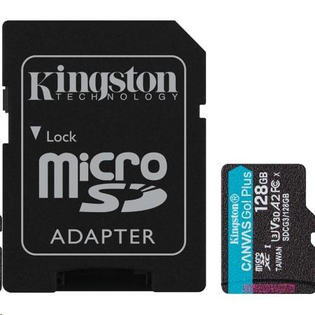 Kingston MicroSDXC karta 128GB Canvas Go! Plus,  R:170/ W:90MB/ s,  Class 10,  UHS-I,  U3,  V30,  A2 + Adaptér0 