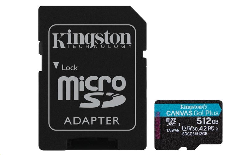 Kingston MicroSDXC karta 512GB Canvas Go! Plus, R:170/W:90MB/s, Class 10, UHS-I, U3, V30, A2 + Adaptér0 