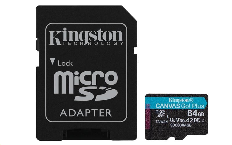 Kingston MicroSDXC karta 64GB Canvas Go! Plus,  R:170/ W:70MB/ s,  Class 10,  UHS-I,  U3,  V30,  A2 + Adaptér0 