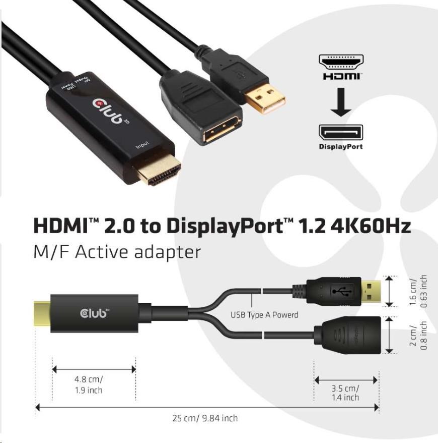 Club3D Aktívny adaptér HDMI na DisplayPort 4K60Hz,  M/ F5 