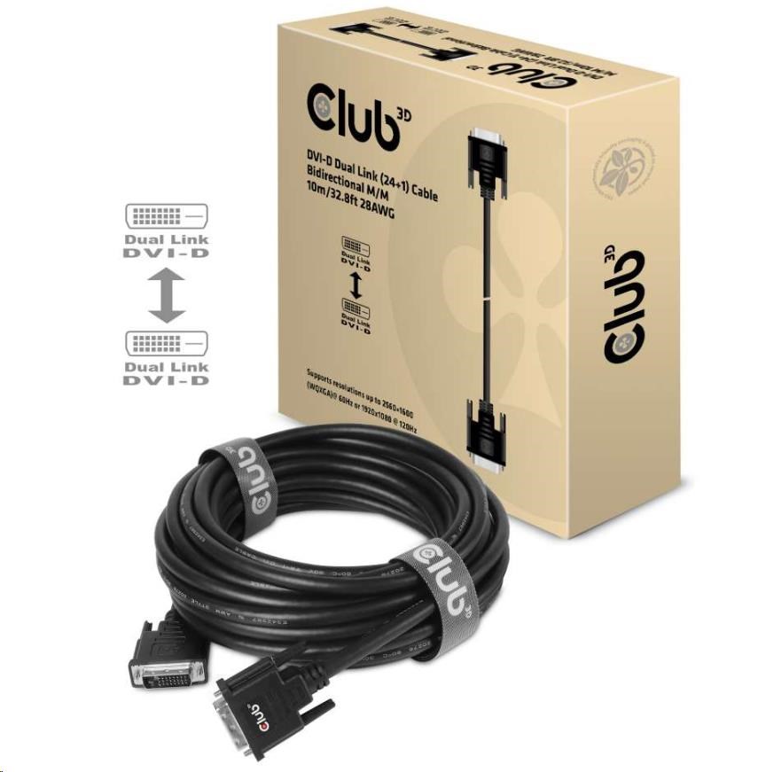 Club3D DVI-D Dual Link kábel (24+1),  10 m,  obojsmerný,  28 AWG0 