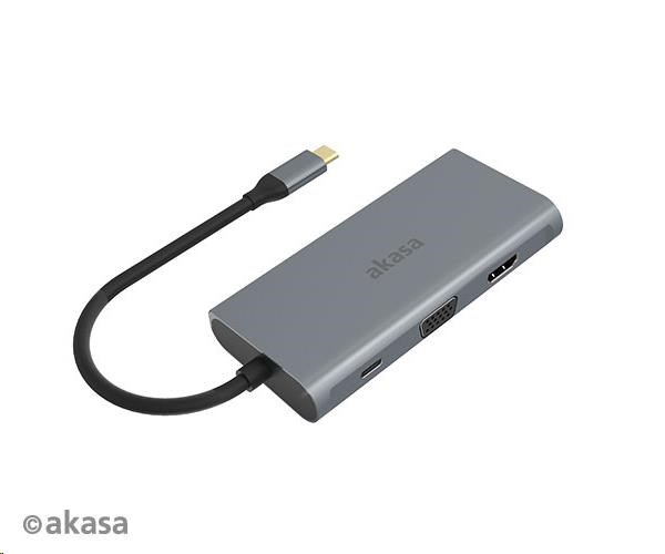 AKASA USB Type-C adaptér 9 v 1 (PD Type-C,  HDMI,  VGA,  3 x USB 3.0 typ A,  RJ45,  čítačka kariet SD a Micro SD)0 