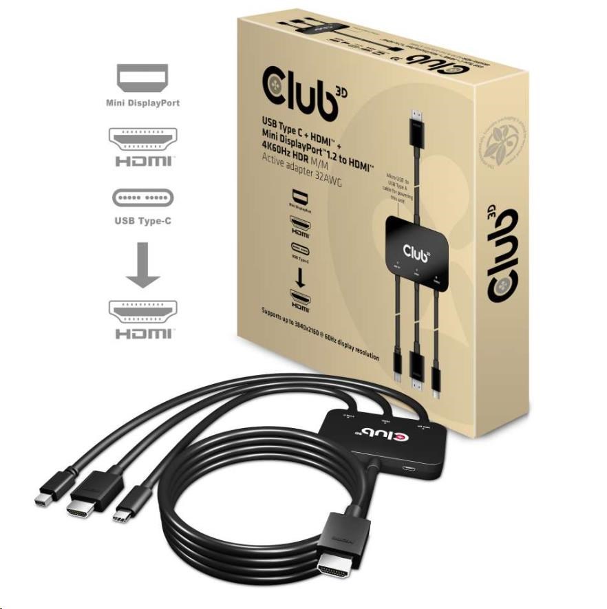 Club3D Active USB Type-C + Mini DP adaptér 1.2+ HDMI na HDMI 4K60Hz HDR,  M/ M,  32AWG0 