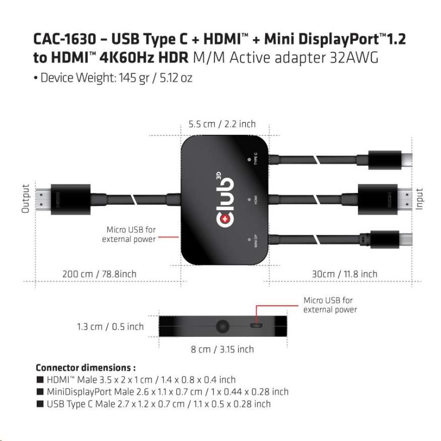 Club3D Active USB Type-C + Mini DP adaptér 1.2+ HDMI na HDMI 4K60Hz HDR,  M/ M,  32AWG6 