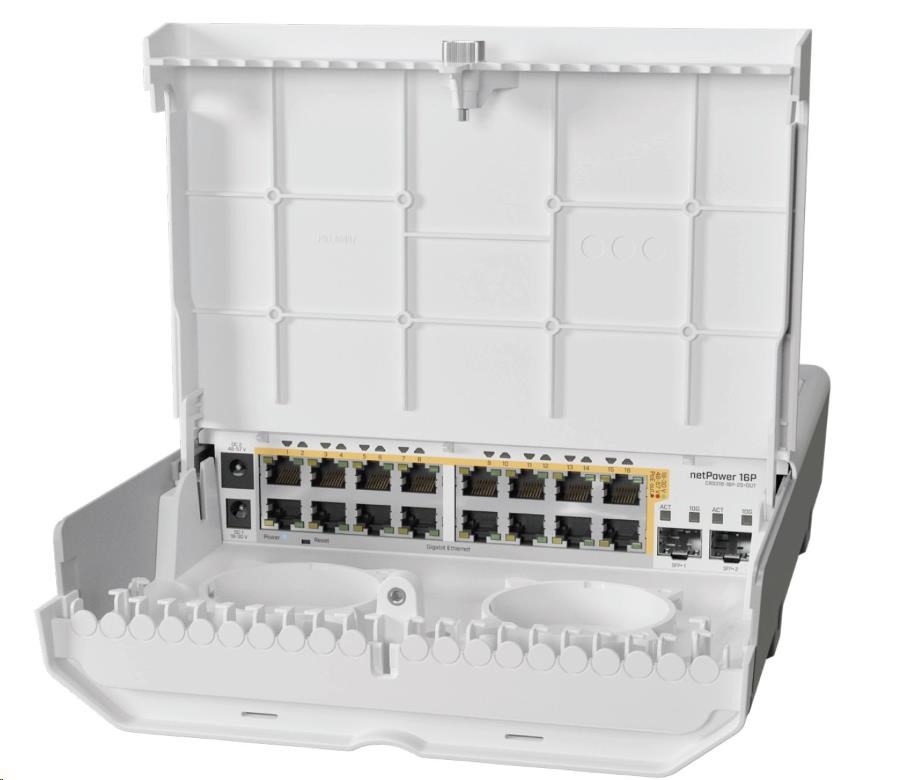 MikroTik Cloud Router Switch CRS318-16P-2S+OUT,  800MHz CPU,  256MB,  16x10/ 100/ 1000 (PoE-out), 2xSFP+,  vrátane.L5,  vonkajš0 