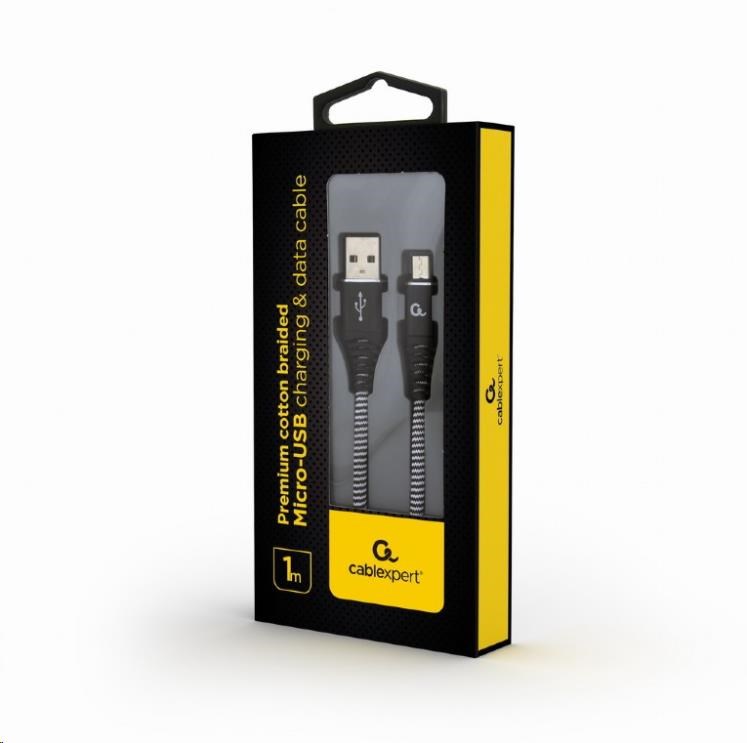 GEMBIRD CABLEXPERT USB 2.0 AM na MicroUSB (AM/ BM),  1 m,  opletený,  čiernobiely,  blister,  PREMIUM KVALITA1 