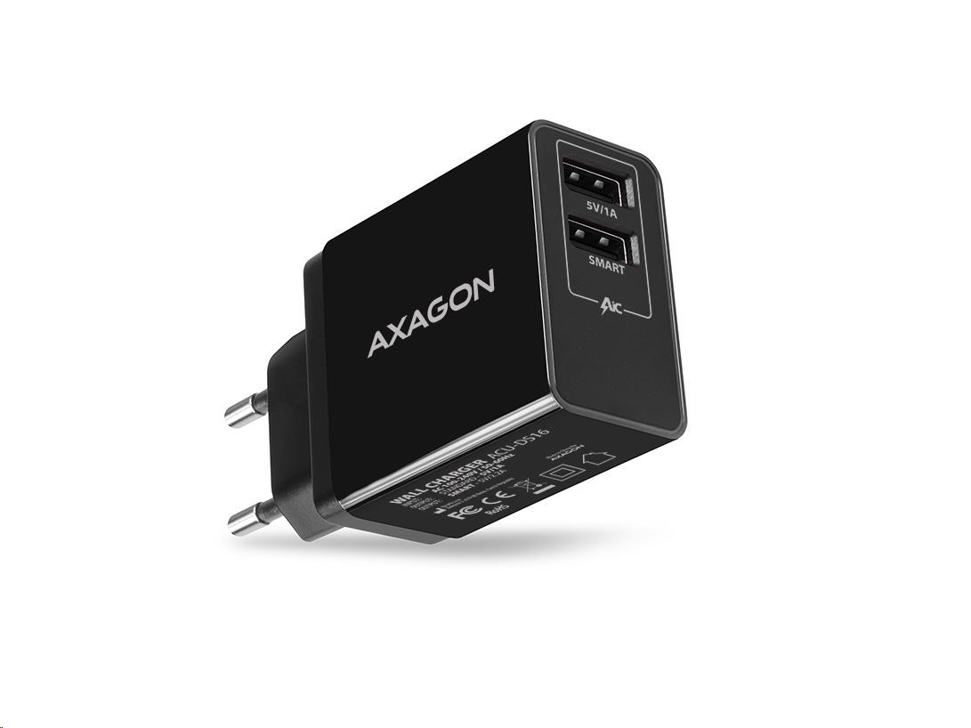 AXAGON ACU-DS16, SMART sieťová nabíjačka 16W, 2x USB-A port, 5V/2.2A + 5V/1A1 
