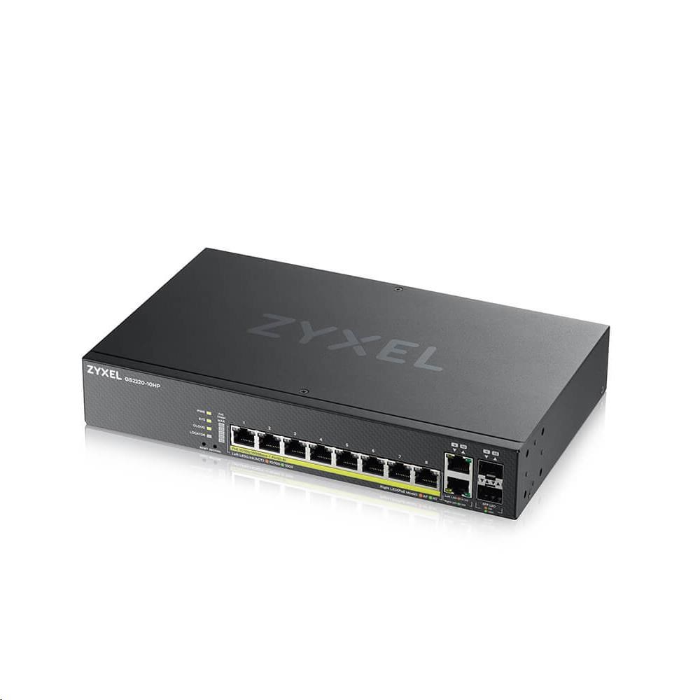 Zyxel GS2220-10HP 10-portový gigabitový PoE manažovaný L2 switch,  8x gigabitový RJ45,  2x gigabitový RJ45/ SFP,  PoE 180 W0 